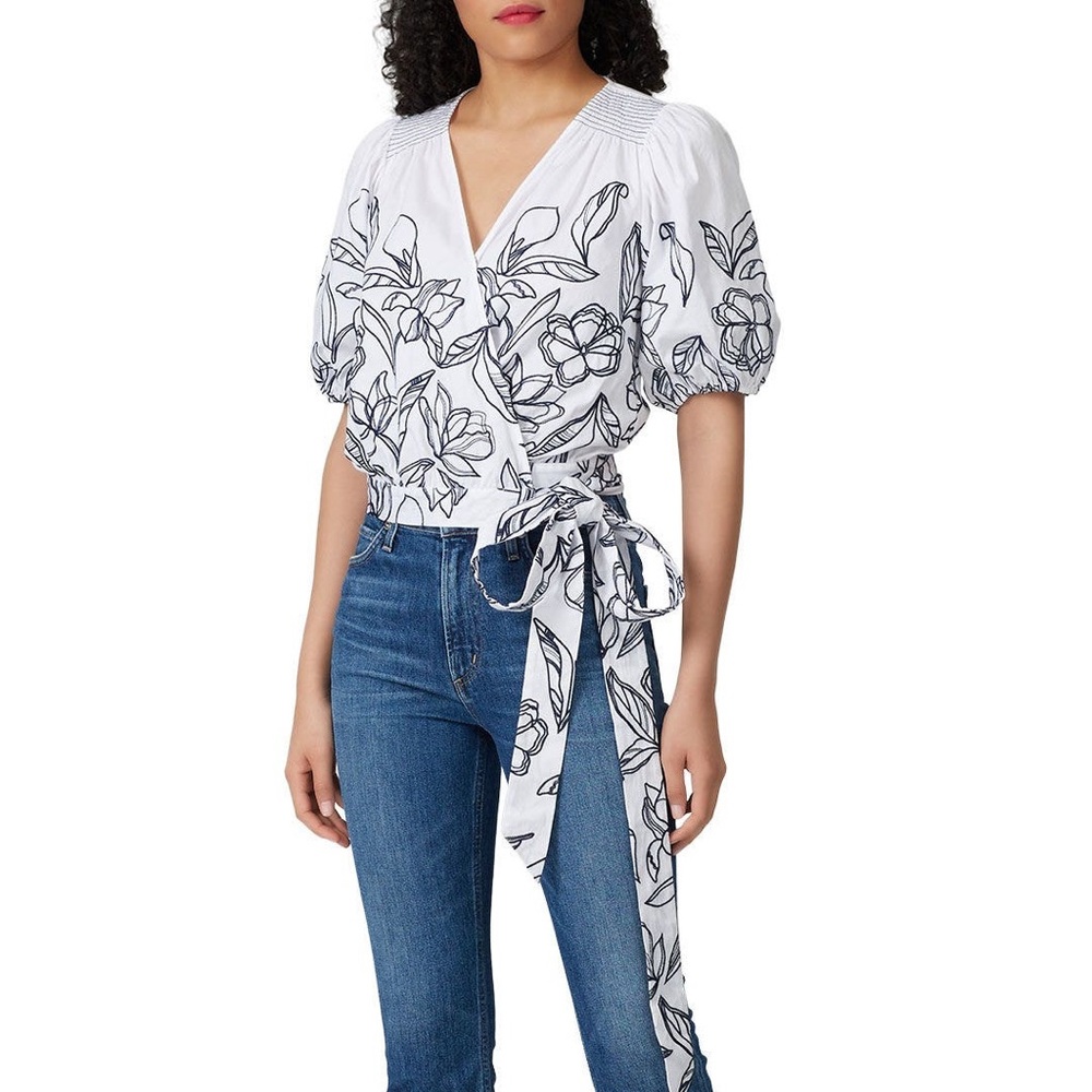 Tanya Taylor Sz 6 White Blue Leiria Floral Print Puff Sleeve Tie Waist Wrap Top